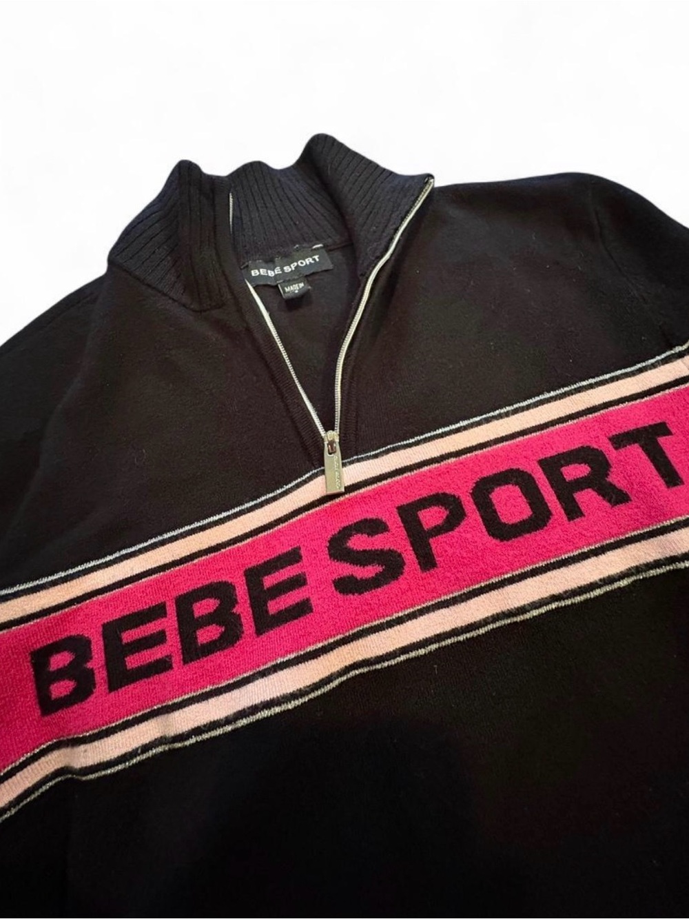 Vintage BEBE SPORT Black Quarter-Zip Sweater with Pink Stripe S